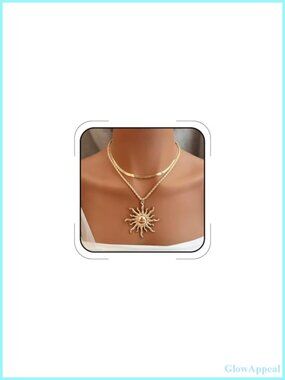 14K Gold Silver Plated Layered Sun Charm Necklace Double Chain Pendant